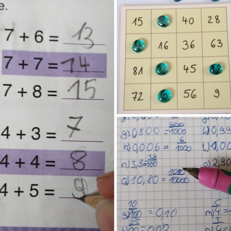 Das Bild ist dreigeteilt. Es sind Ausschnitte aus Mathe-Arbeitsheften zu sehen mit Rechenaufgaben. Ein Bild zeigt ein Zahlen-Bingo-Spiel mit türkisen Spielsteinen zur Rechen-Förderung.